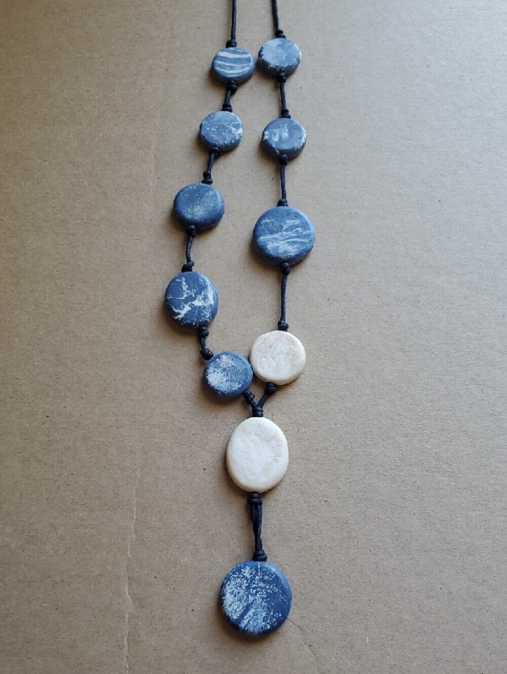 Handmade Navy Blue and Cream Disc Pendant Necklace - Picture 4 of 9